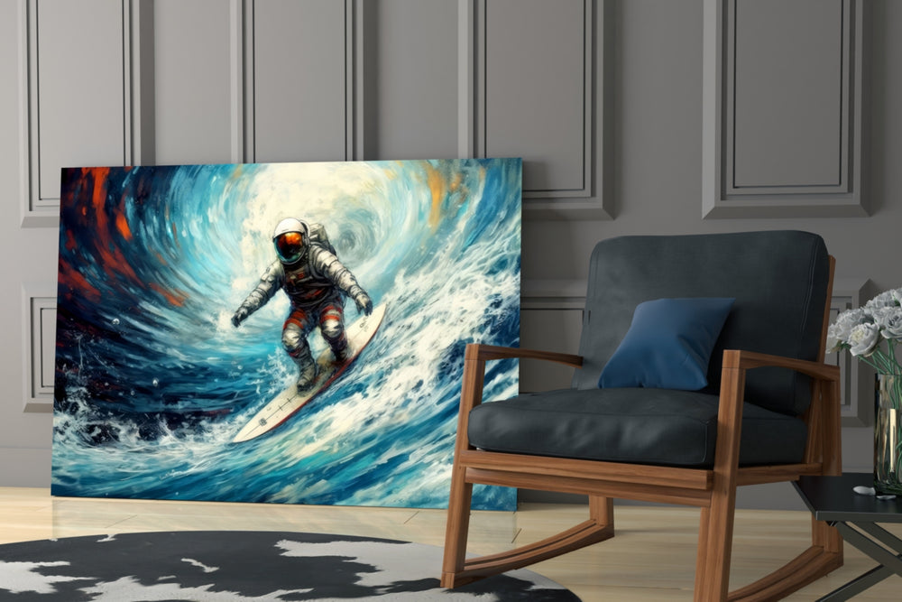 Cosmic-rider artwork anchoring a wall with cobalt-and-amber palette