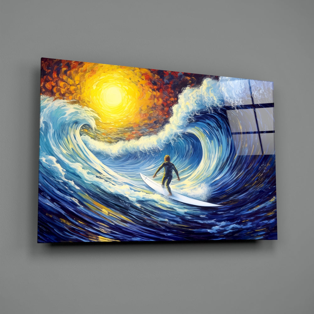 Waves close-up showing surfer in the curl with blazing sun
