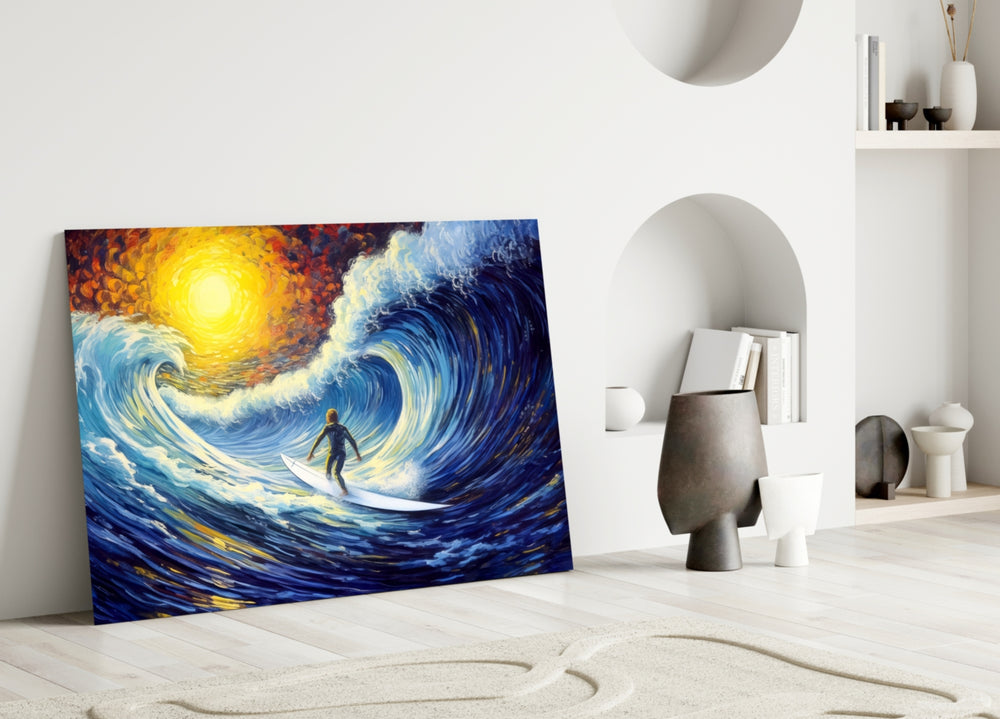 Waves glass wall art styled above a console in a media room