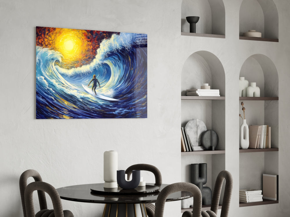 Waves glass print enhancing a den with golden-hour heat