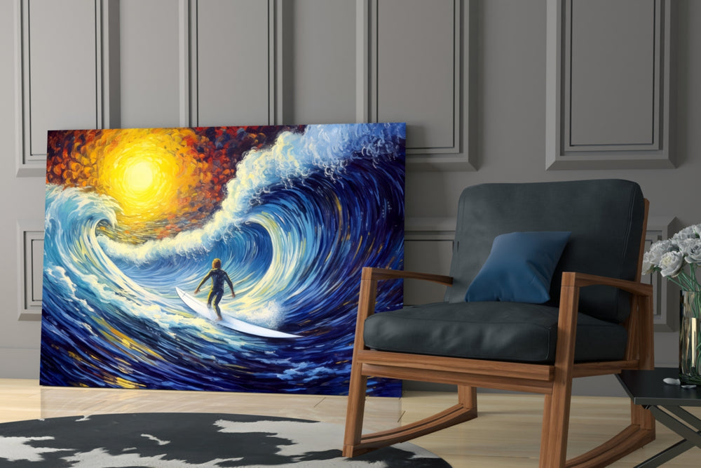 Painterly-rider artwork anchoring a wall with cobalt-and-saffron palette