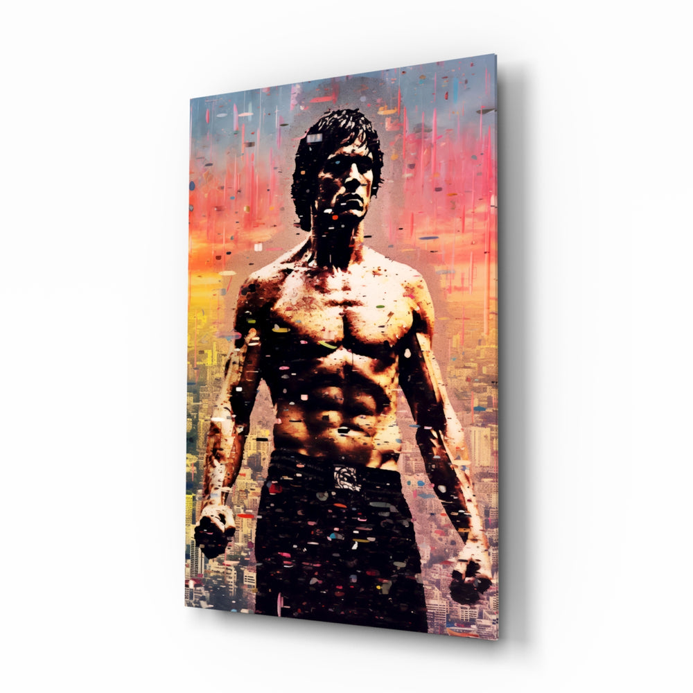 Pop-mosaic panel bringing cinematic glow to a home gym