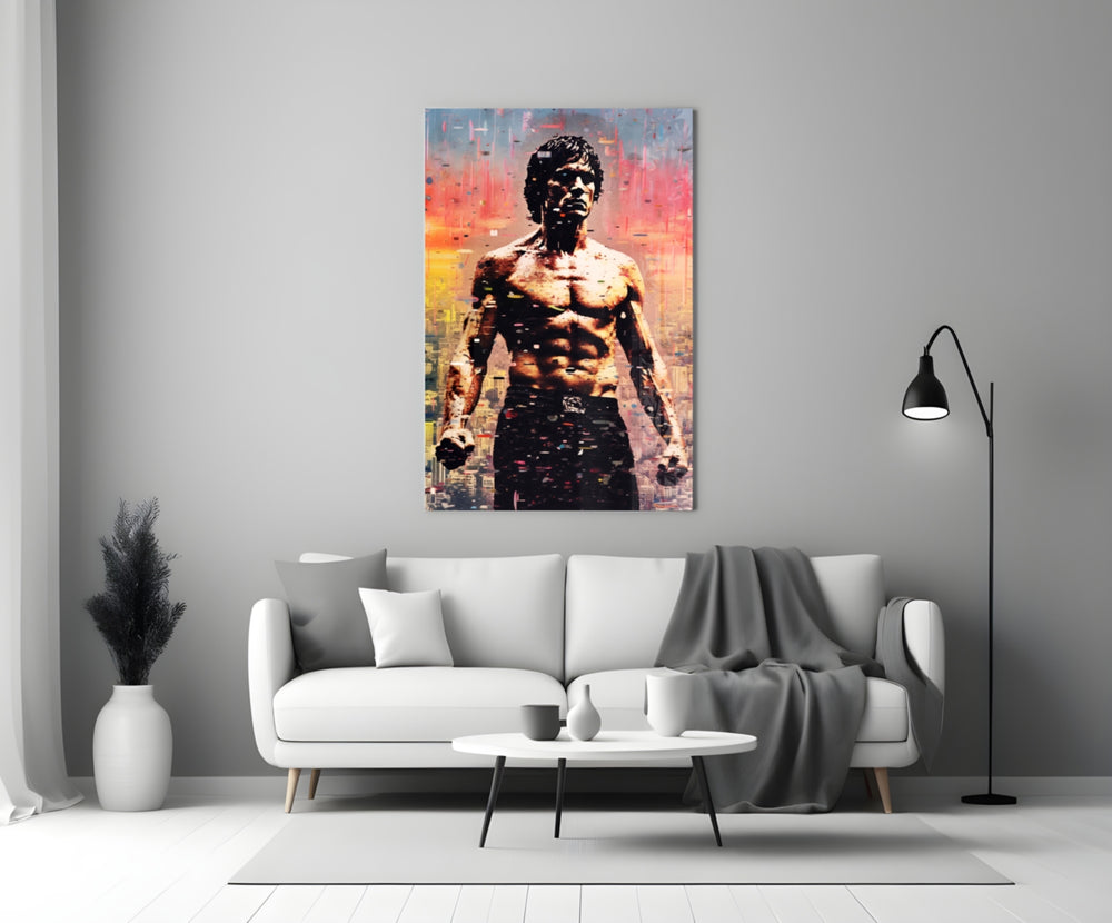 Lee glass wall art styled above a console in a media room