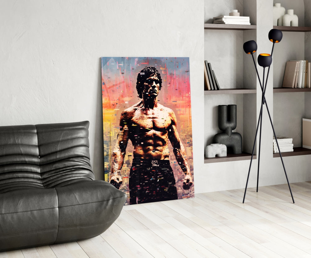 Lee glass print enhancing a den with martial-arts firepower