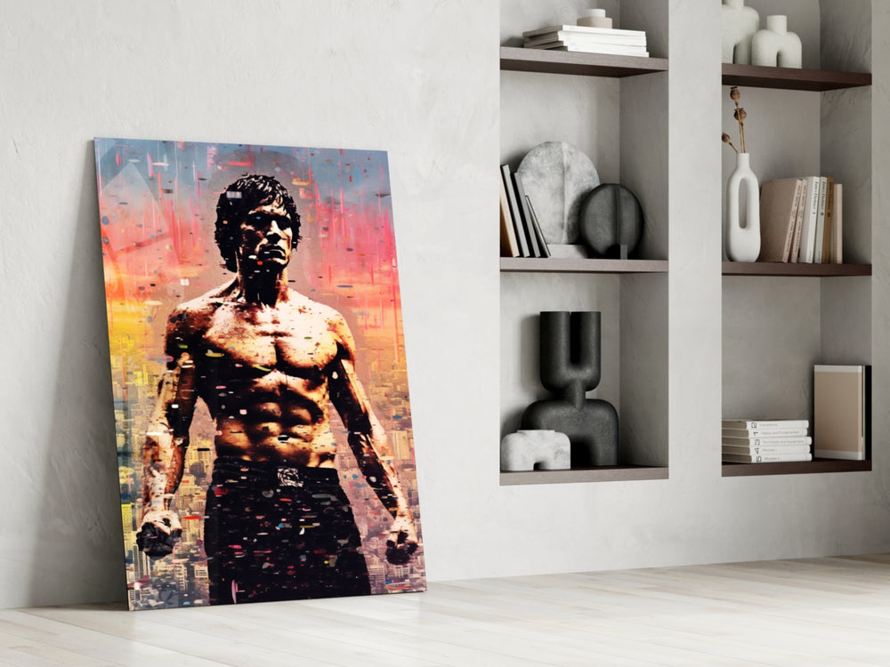 Martial-arts-legend artwork anchoring a wall with magenta-and-gold palette