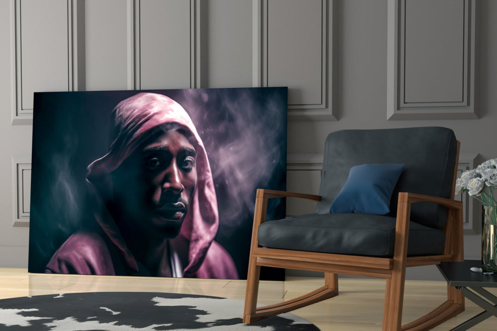 Hip-hop-icon artwork anchoring a wall with magenta-and-teal palette