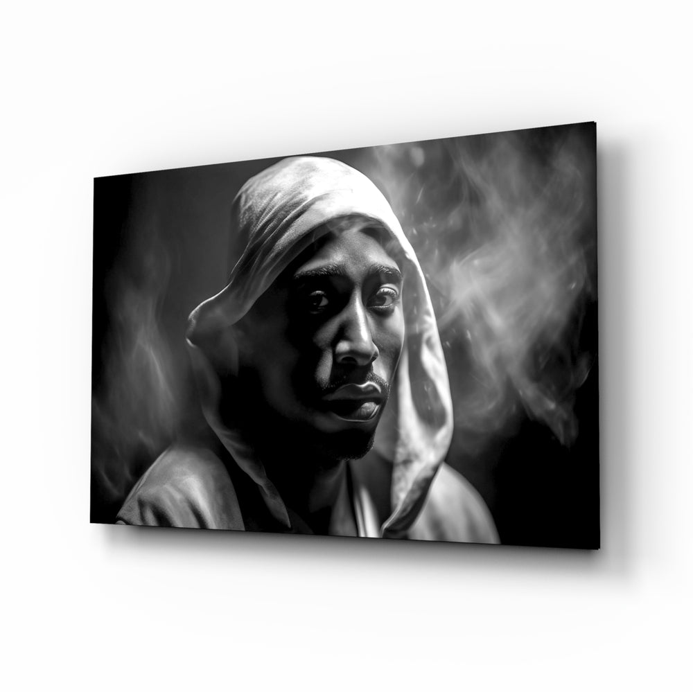 Noir-portrait panel bringing cinematic glow to a music room