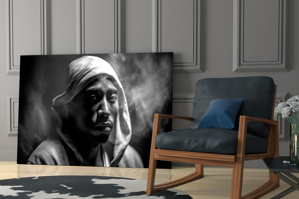 Hip-hop-icon artwork anchoring a wall with black-and-white palette