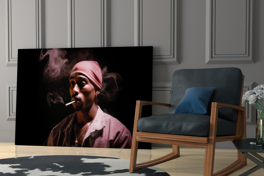 Hip-hop-icon artwork anchoring a wall with magenta-and-charcoal palette
