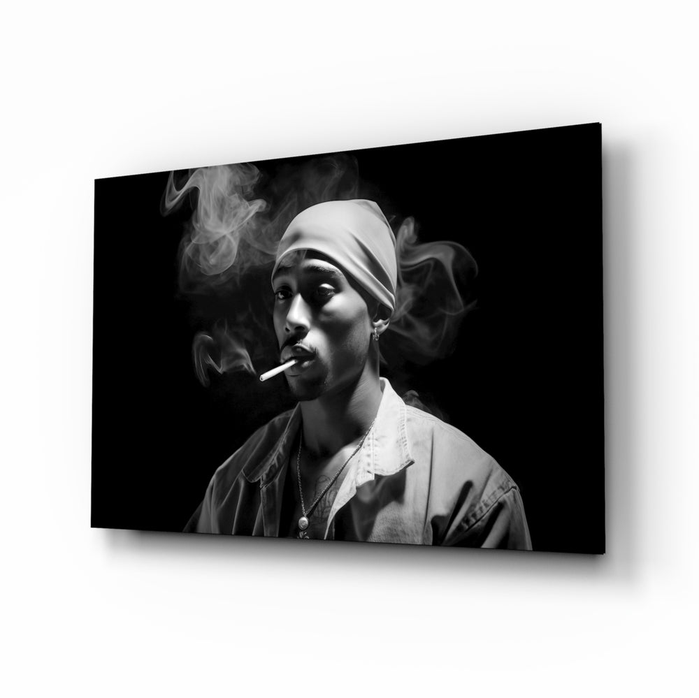 Noir-portrait panel bringing cinematic glow to a music room