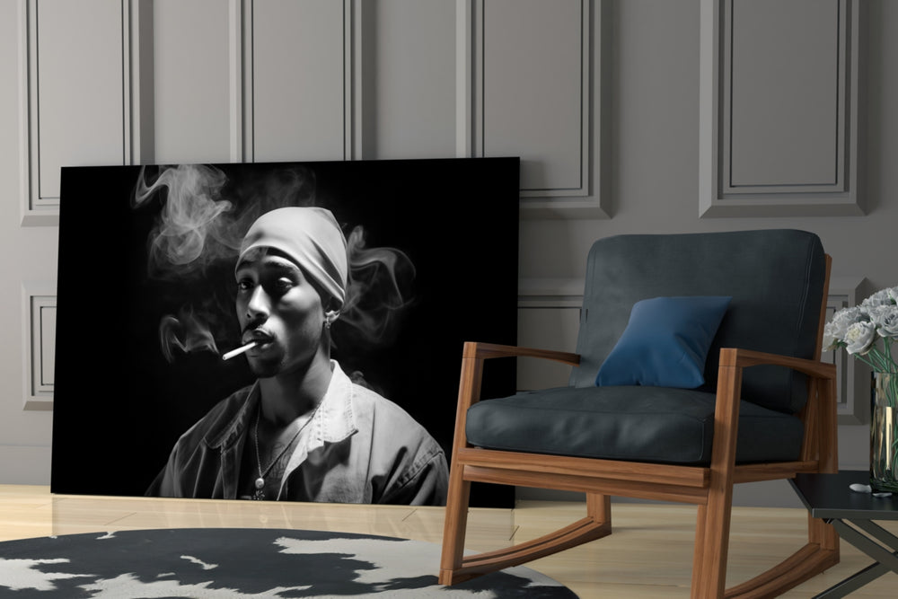 Hip-hop-icon artwork anchoring a wall with black-and-white palette