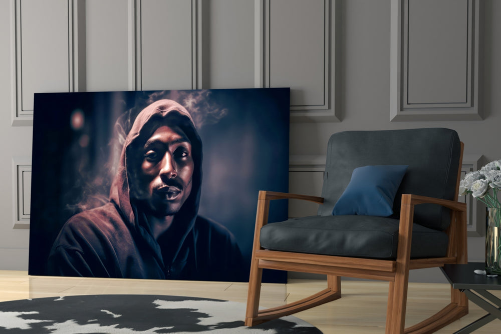 Hip-hop-icon artwork anchoring a wall with copper-and-navy palette