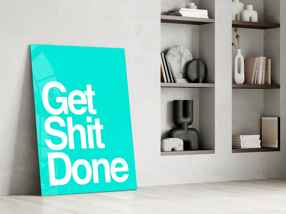 Mantra-poster artwork anchoring a wall with teal-and-white palette