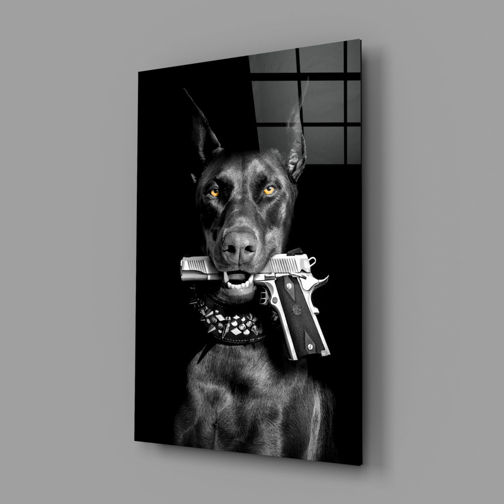 Gun Dog close-up showing golden eyes and crossed chrome pistols
