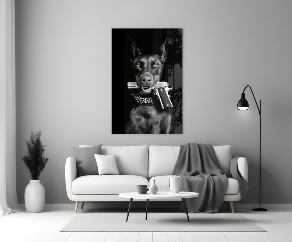 Gun Dog glass wall art styled above a console in a study