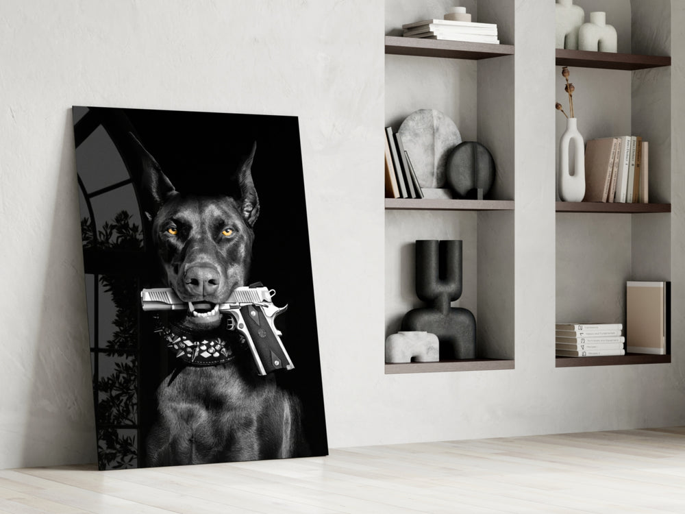 Dark-guard artwork anchoring a wall with chrome-and-charcoal palette