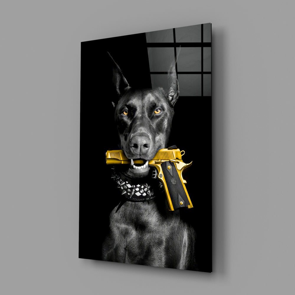 Gun Dog close-up showing golden eyes and crossed gold pistols