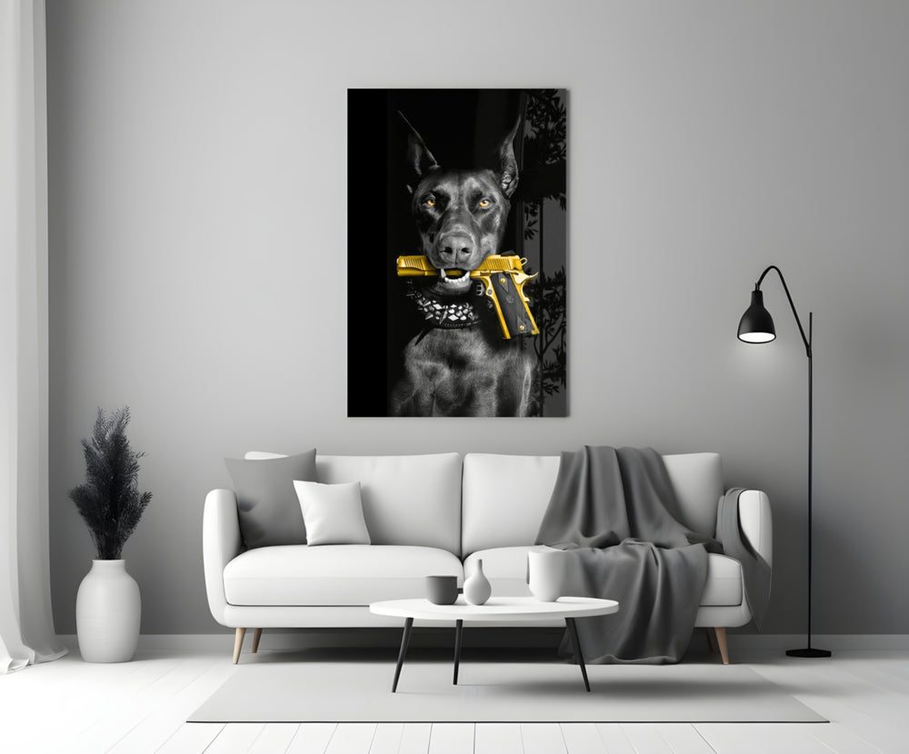 Gun Dog glass wall art styled above a console in a study
