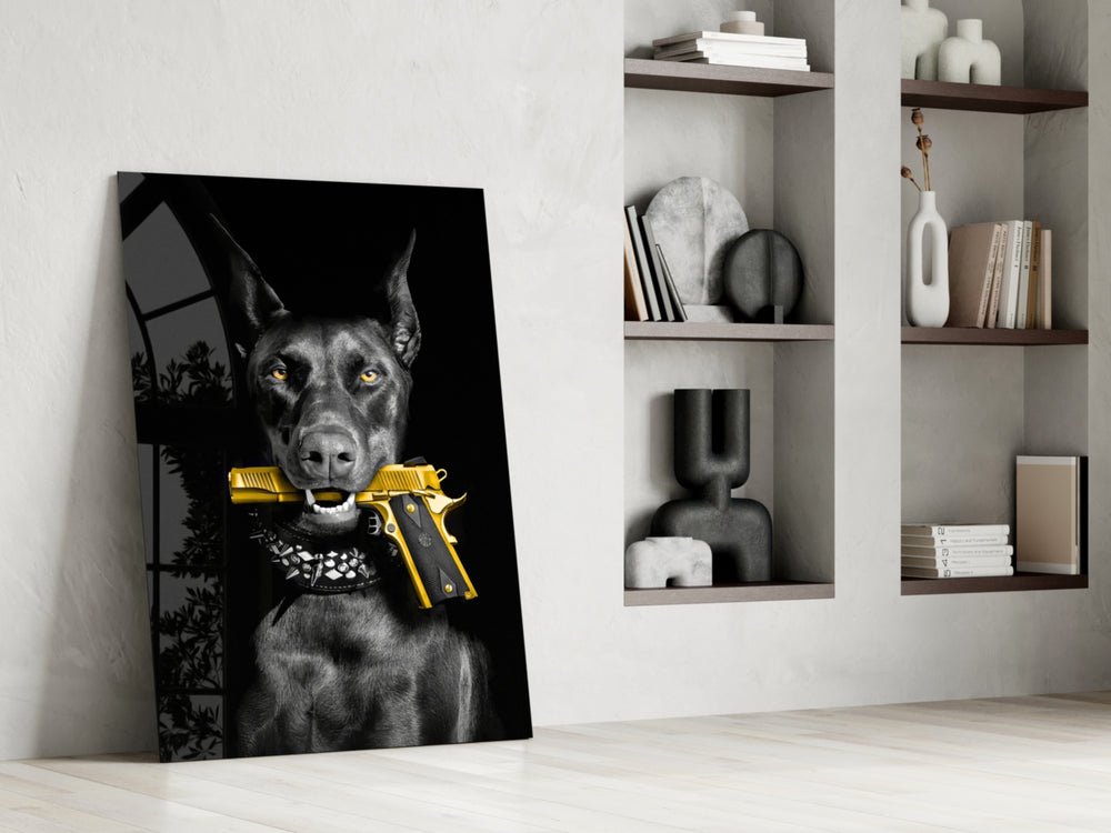 Dark-guard artwork anchoring a wall with gold-and-charcoal palette