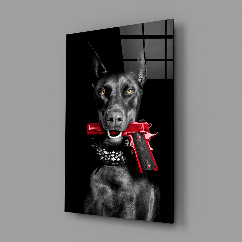 Gun Dog close-up showing golden eyes and crossed scarlet pistols
