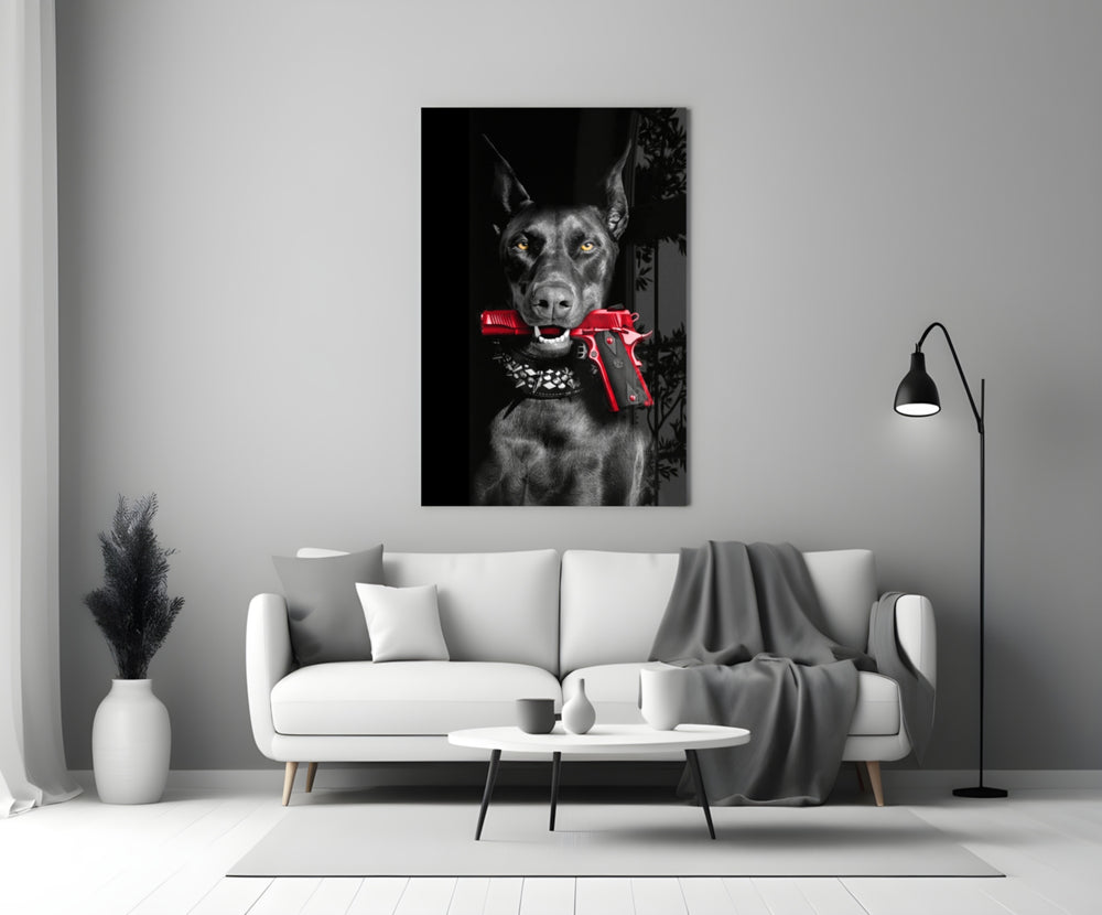 Gun Dog glass wall art styled above a console in a study