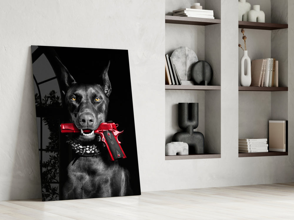 Dark-guard artwork anchoring a wall with scarlet-and-charcoal palette