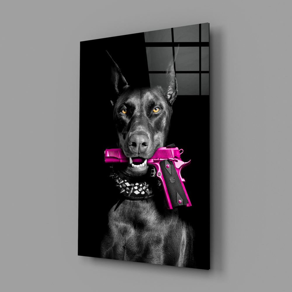 Gun Dog close-up showing golden eyes and crossed magenta-pink pistols