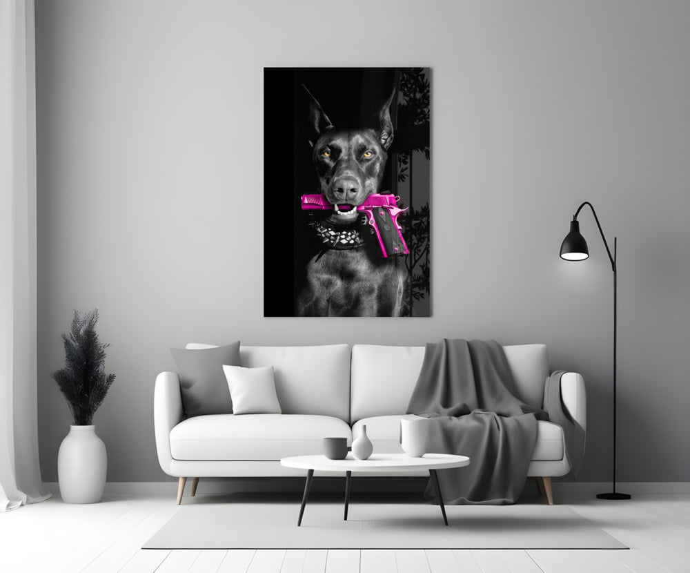 Gun Dog glass wall art styled above a console in a study