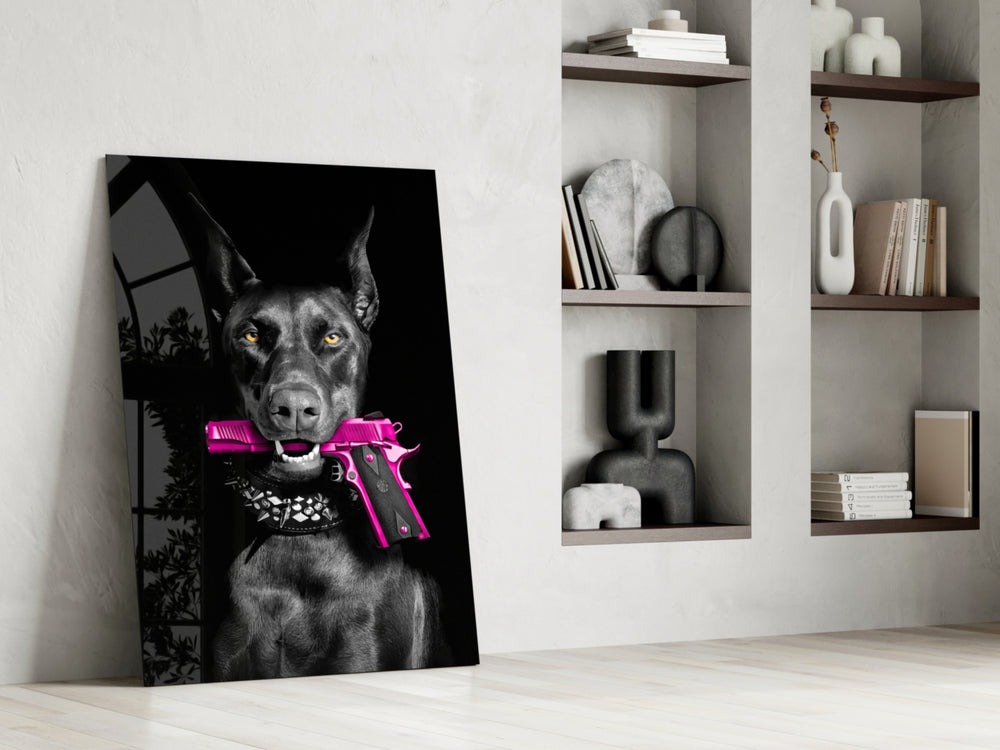 Dark-guard artwork anchoring a wall with magenta-and-charcoal palette