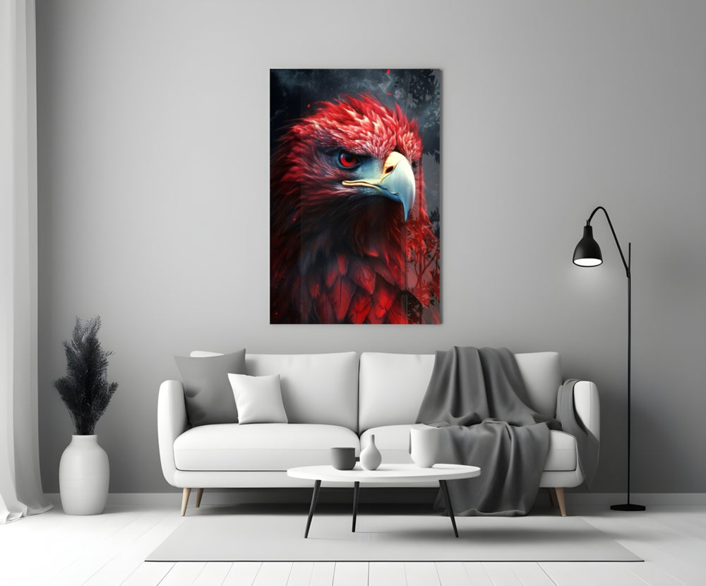 Red Eagle glass wall art styled above a console in a media room