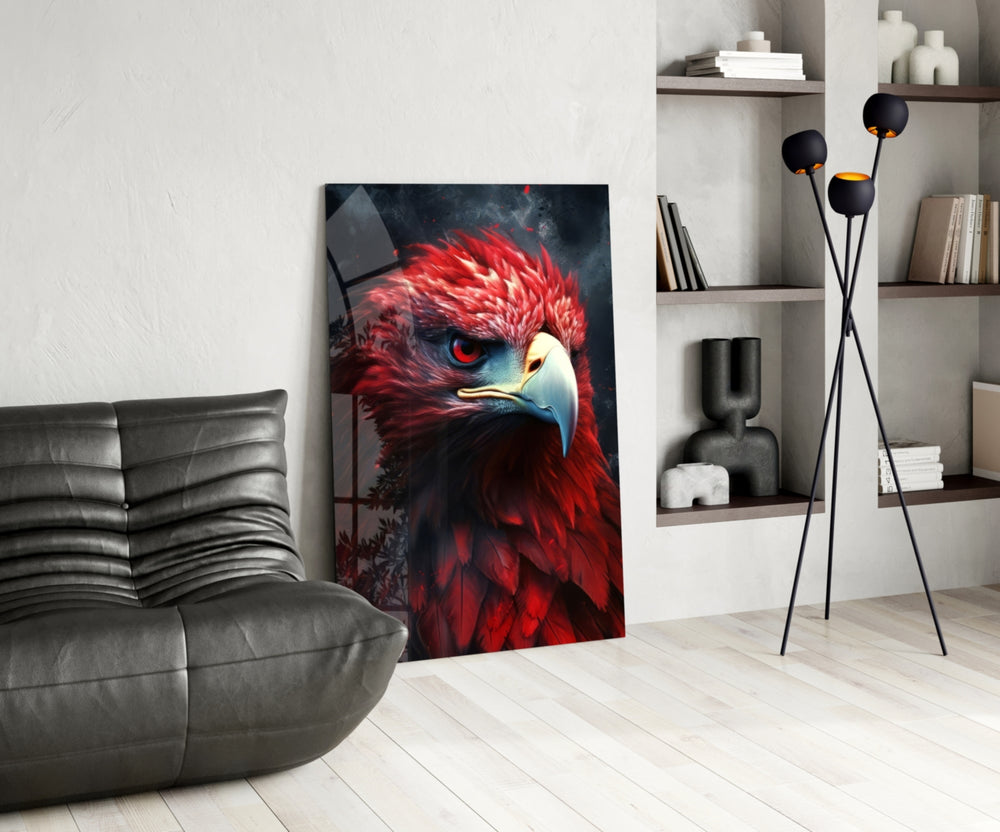 Red Eagle glass print enhancing a den with statement firepower