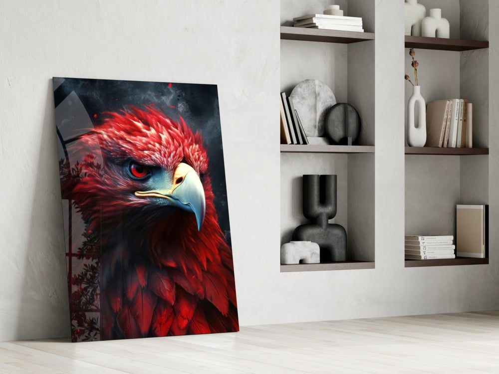 Fierce-raptor artwork anchoring a wall with scarlet-and-charcoal palette