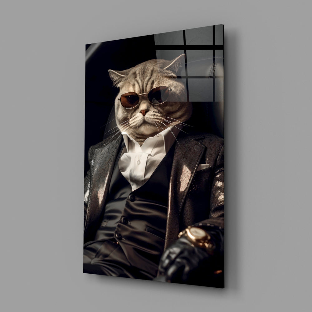 The Boss close-up showing tabby cat in black three-piece suit