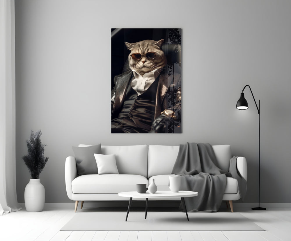The Boss glass wall art styled above a console in a media room