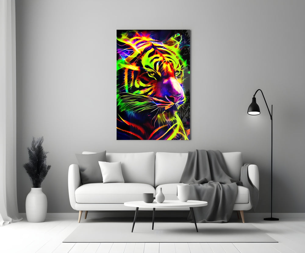 Neon Tiger glass wall art styled above a sideboard in a media room