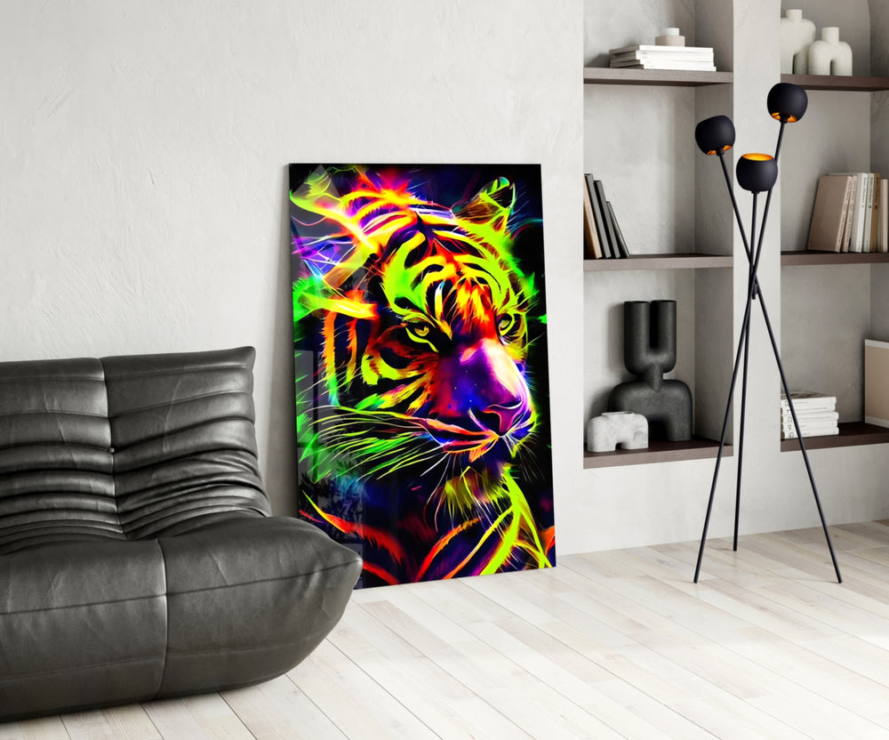Neon Tiger glass print enhancing a den with neon firepower