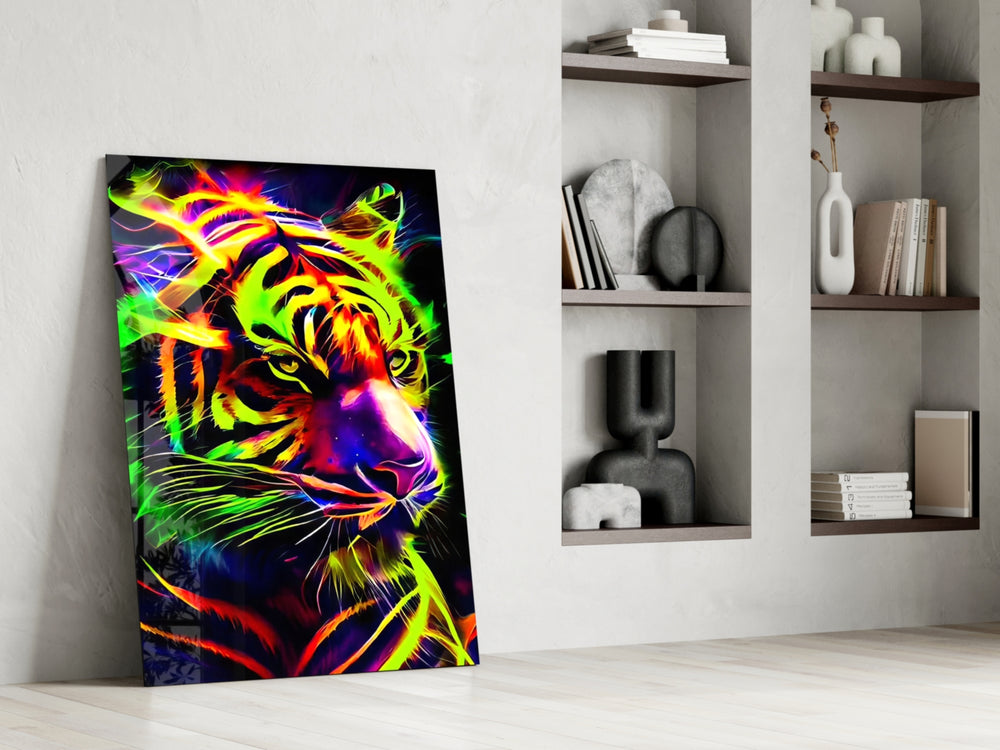 Electric-predator artwork anchoring a wall with rainbow-electric palette