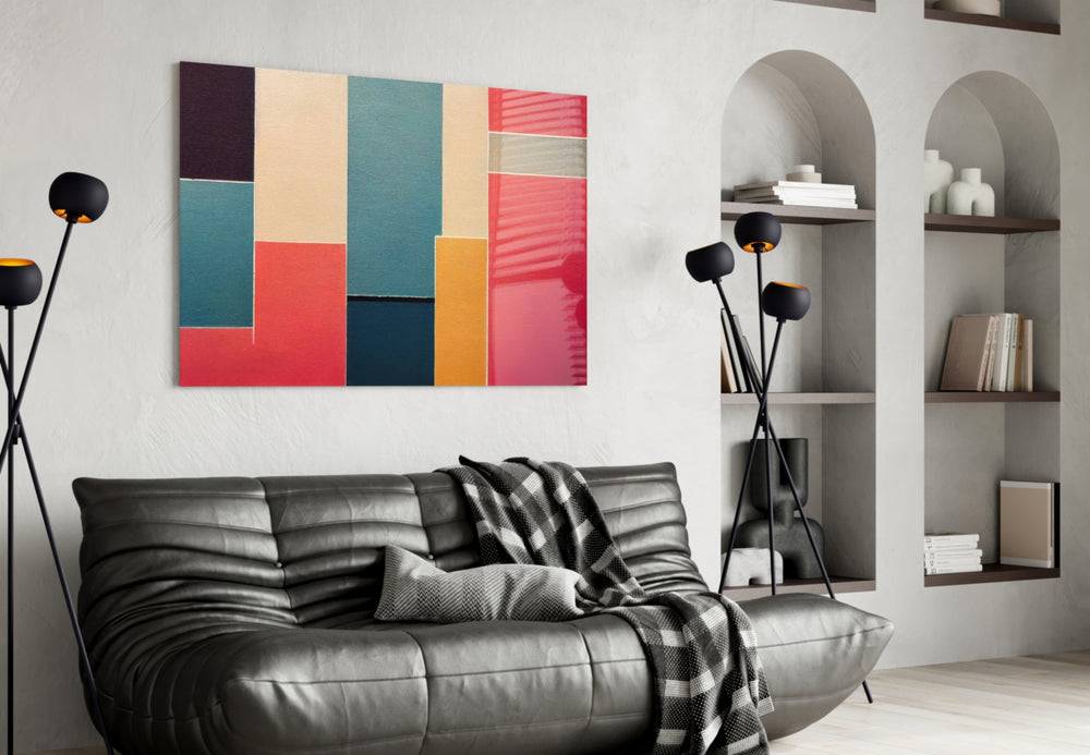 Rectangles panel adding editorial flair to a hallway