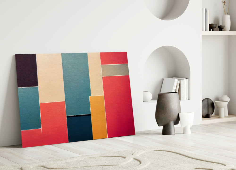 Rectangles glass wall art styled above a console in a dining room