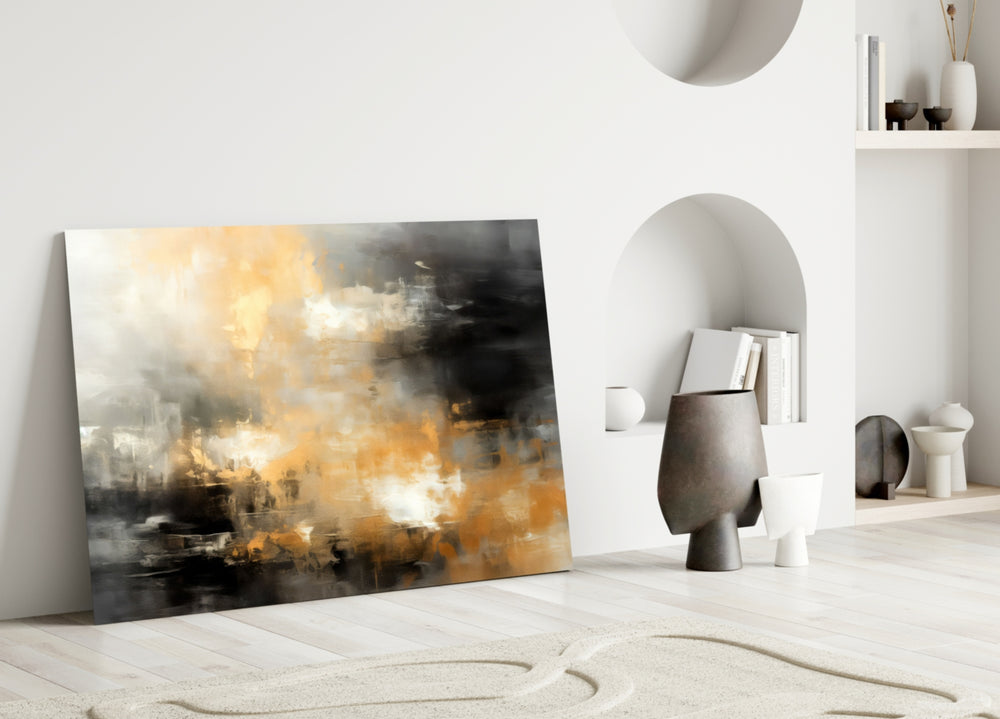 Abstract glass wall art styled above a console in a dining room