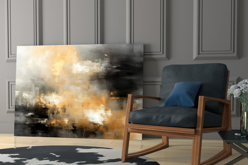 Painterly-skyscape artwork anchoring a wall with amber-and-charcoal palette