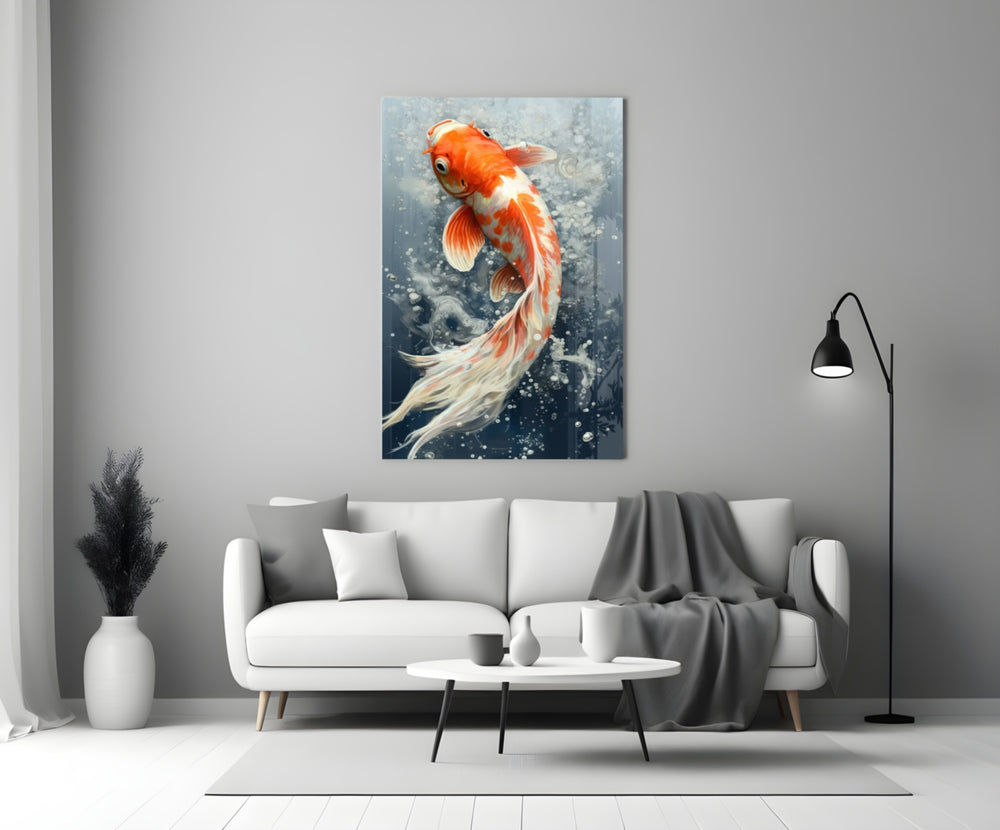 Angelfish glass wall art styled above a console in a living room