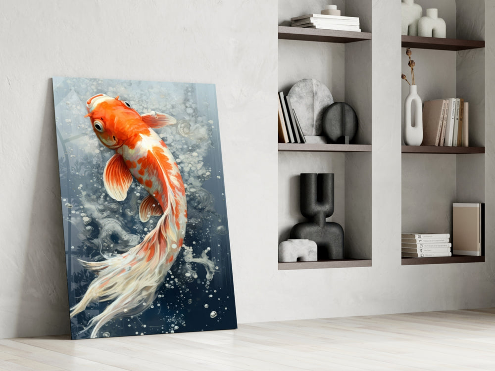 Graceful-swimmer artwork anchoring a wall with tangerine-and-indigo palette