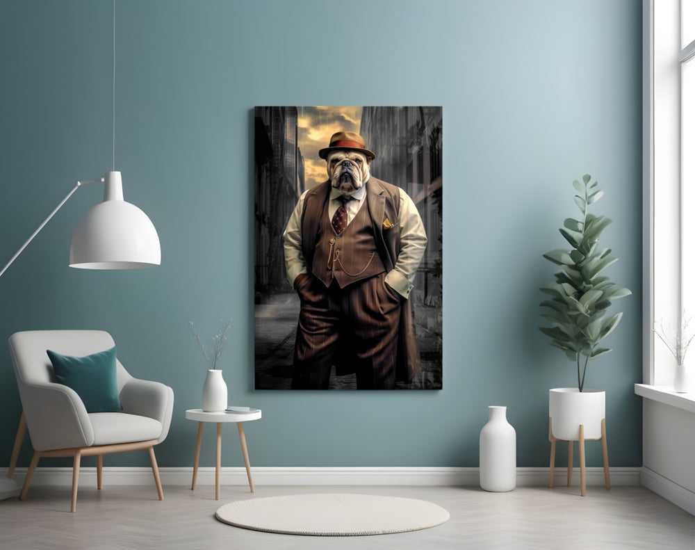 Bulldog in a Suit panel adding editorial drama to a hallway