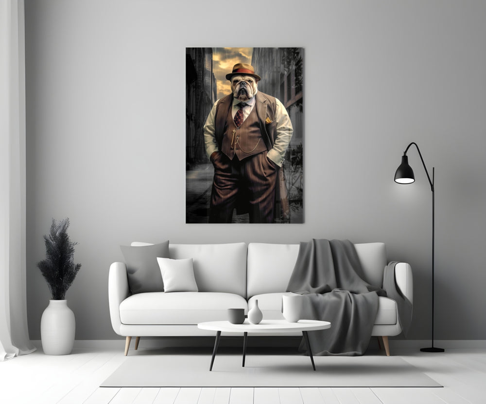 Bulldog in a Suit glass wall art styled above a console in a man cave