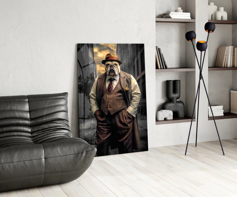 Bulldog in a Suit glass print enhancing a den with quirky firepower
