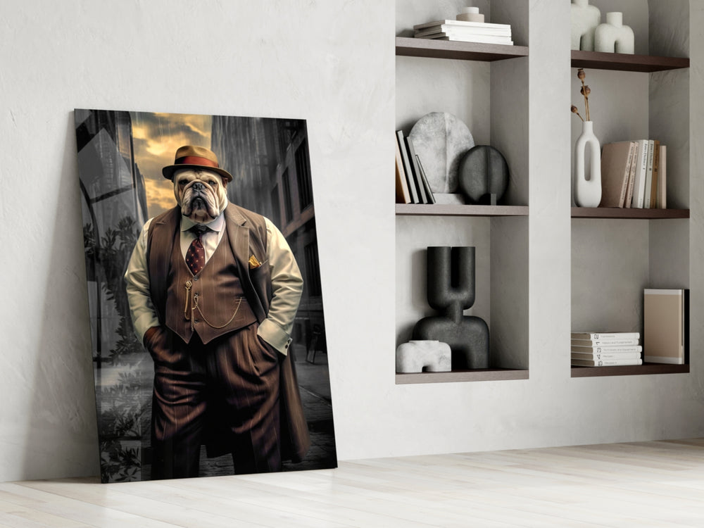 Dapper-canine artwork anchoring a wall with russet-and-sepia palette