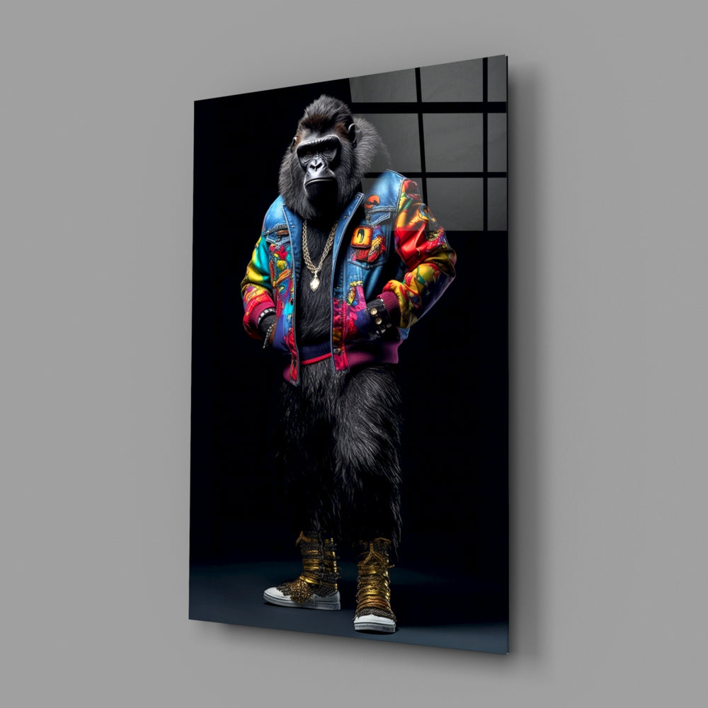 Gorilla Bro close-up showing tropical-print bomber and gold chain
