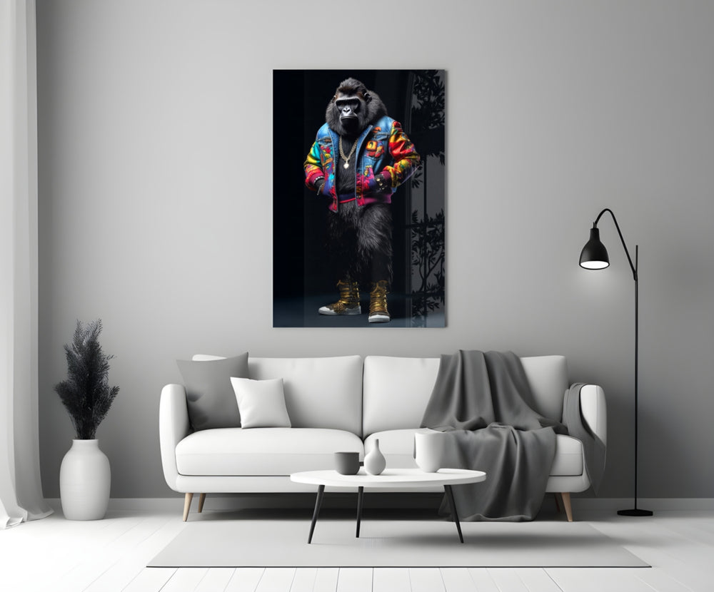 Gorilla Bro glass wall art styled above a sideboard in a media room
