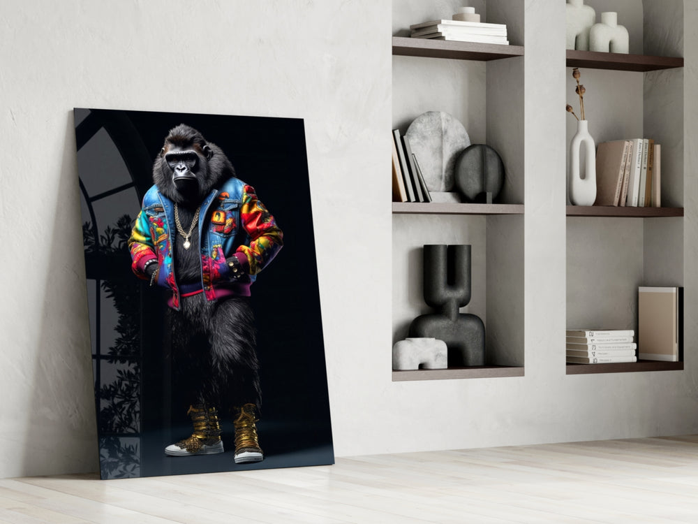 Hipster-ape artwork anchoring a wall with magenta-and-gold palette